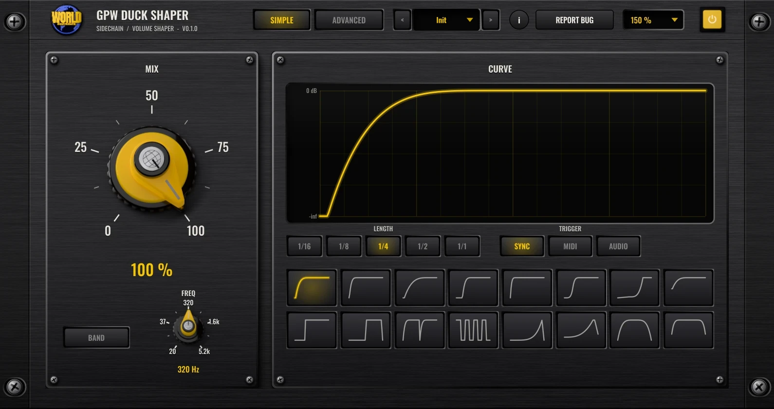 GPW Duck Shaper SIMPLE tab: big MIX knob, band frequency, curve screen, length and trigger buttons and sixteen curve buttons