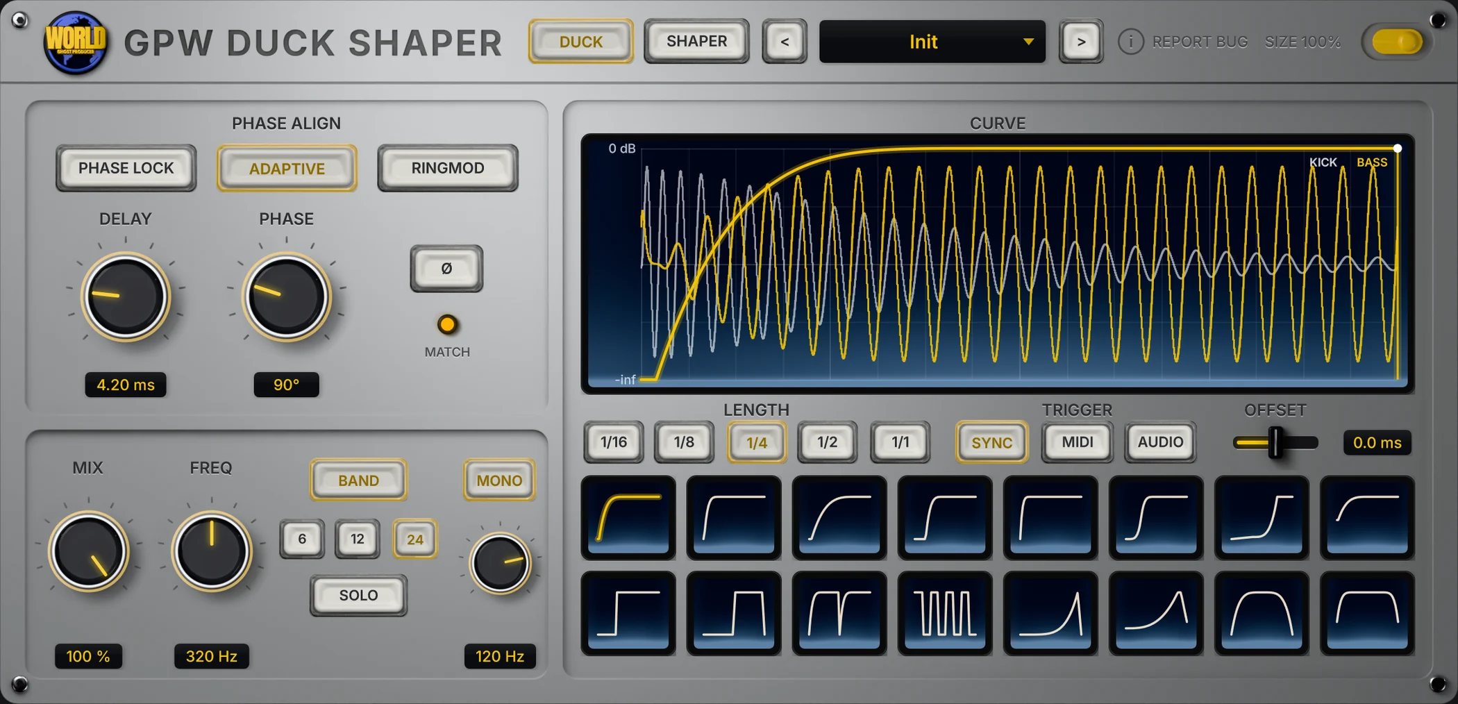 GPW Duck Shaper sidechain plugin with the duck curve, phase align controls and 16 curve buttons