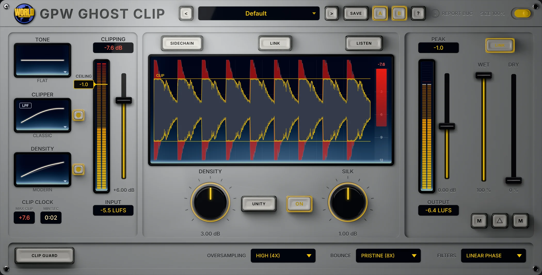 GPW Ghost Clip mastering clipper plugin showing the clipping waveform, density and silk controls and LUFS meters