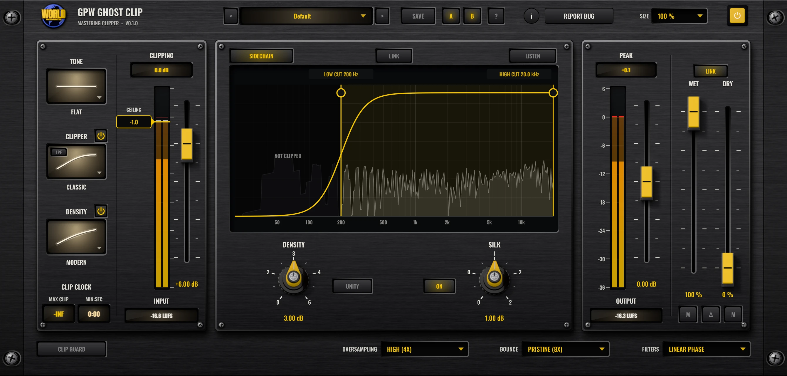 GPW Ghost Clip in SIDECHAIN view: LOW CUT at 200 Hz over the live spectrum, so only the band above it is clipped