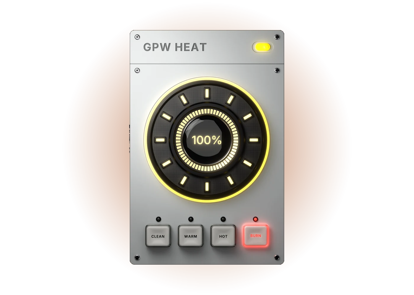 GPW Heat free saturation VST3 plugin with the HEAT knob and the CLEAN, WARM, HOT and BURN mode keys