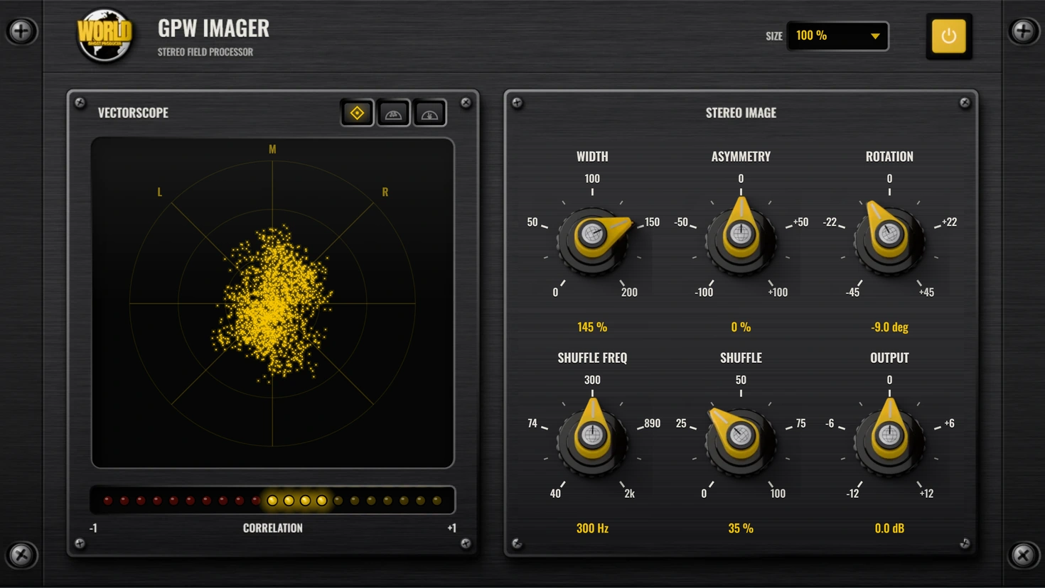 GPW Imager plugin interface: vectorscope with correlation LEDs and six knobs for width, asymmetry, rotation, shuffle frequency, shuffle and output