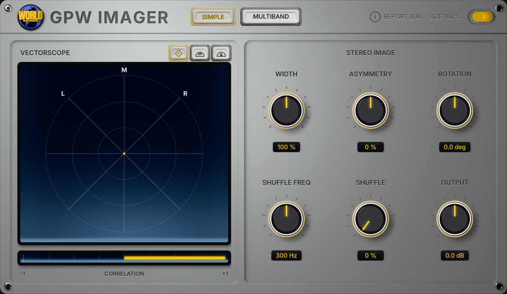 GPW Imager stereo imager plugin with vectorscope, width, asymmetry, rotation and shuffle controls