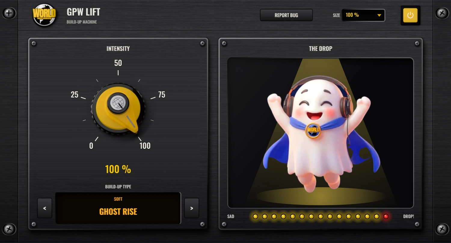 GPW Lift plugin interface: the big INTENSITY knob, the amber build-up type display and Drop on stage with the smile meter