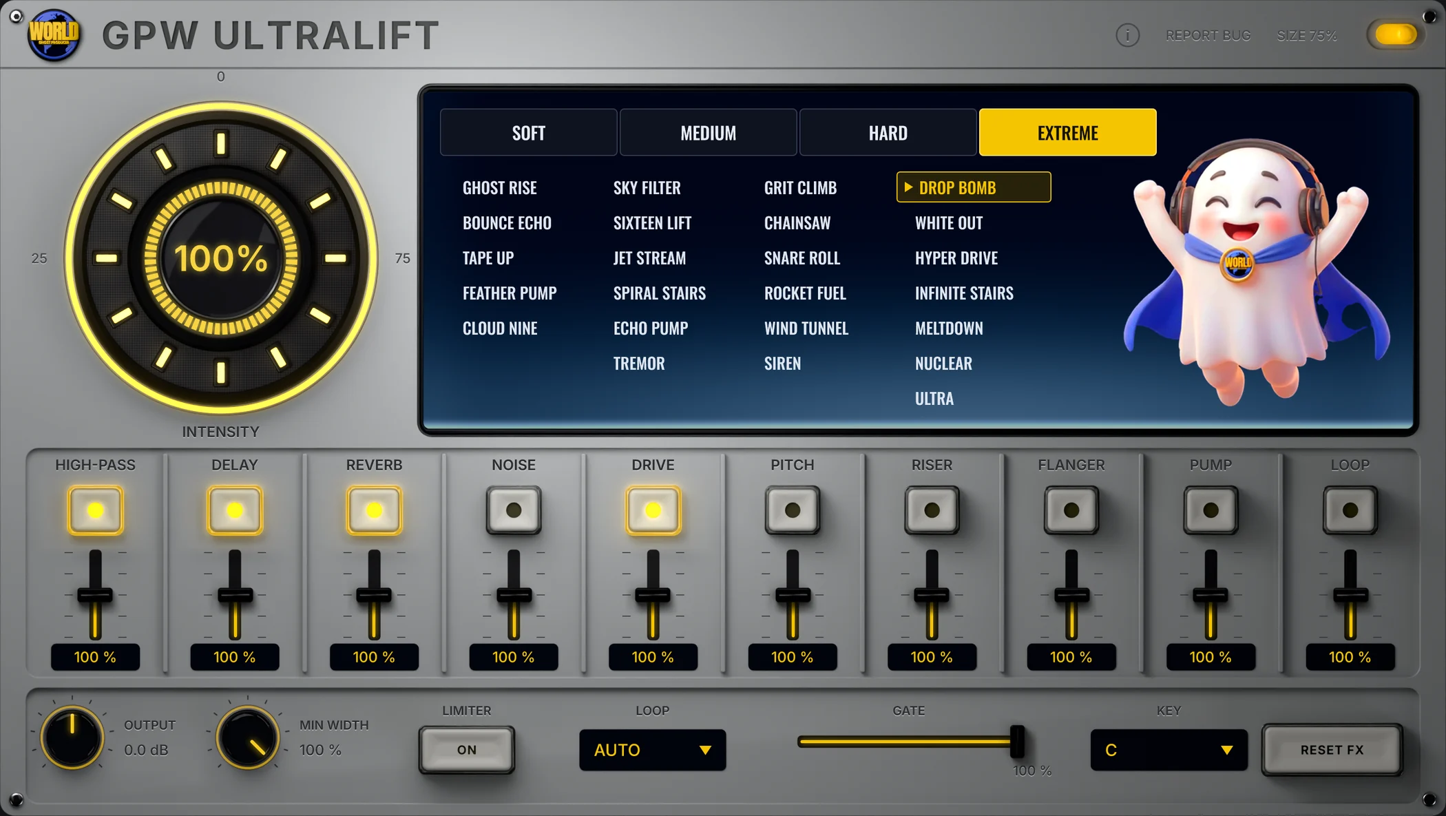 GPW Ultralift build-up plugin with the INTENSITY knob, the build-up list and the ten-effect FX rack