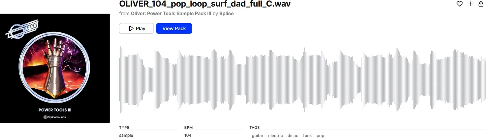 Splice page for the sample OLIVER_104_pop_loop_surf_dad_full_C.wav, 104 BPM, from the pack Oliver: Power Tools Sample Pack III